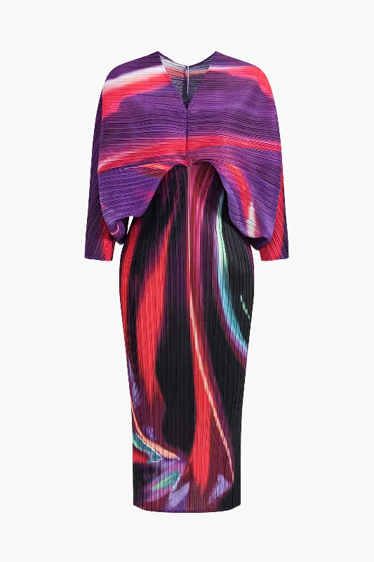 Abstract Print Pleated V-Neck Batwing Sleeve Maxi Dress Cozy Open-Back Maxi Dress