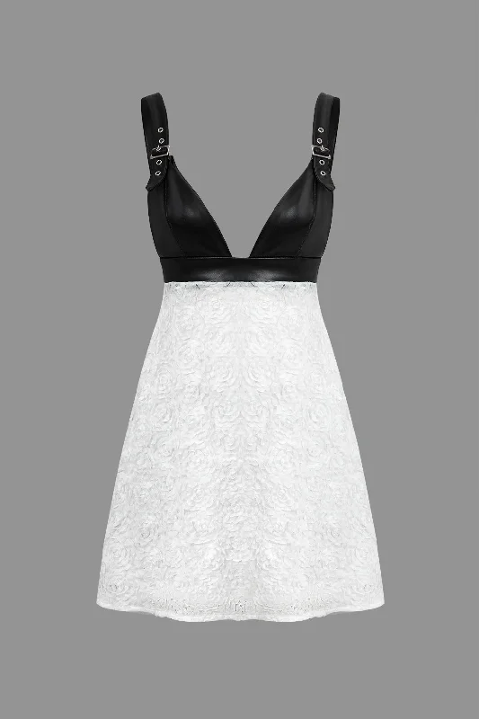 Faux Leather Appliques Sleeveless Mini Dress Trendy Mini Dress with Belt