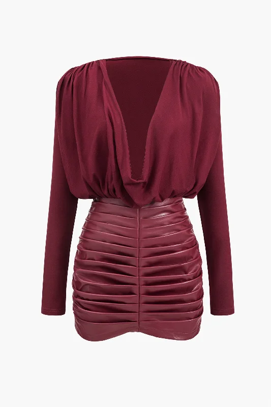 Faux Leather Patchwork Long Sleeve Draped Cowl Neck Mini Dress Comfortable Zip-Up Mini Dress Faux Leather Patchwork Long Sleeve Draped Cowl Neck Mini Dress Comfortable Zip-Up Mini Dress