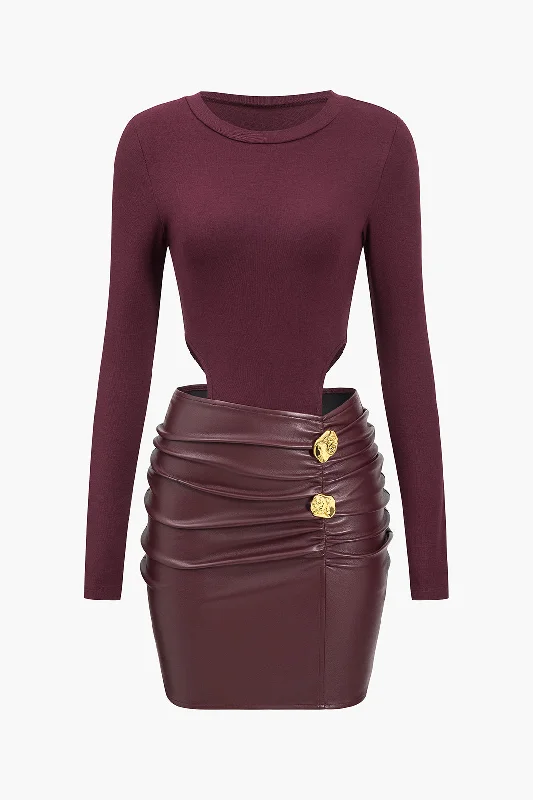 Faux Leather Patchwork Round Neck Ruched Metallic Long Sleeve Mini Dress Stylish Ruffle Mini Dress Faux Leather Patchwork Round Neck Ruched Metallic Long Sleeve Mini Dress Stylish Ruffle Mini Dress