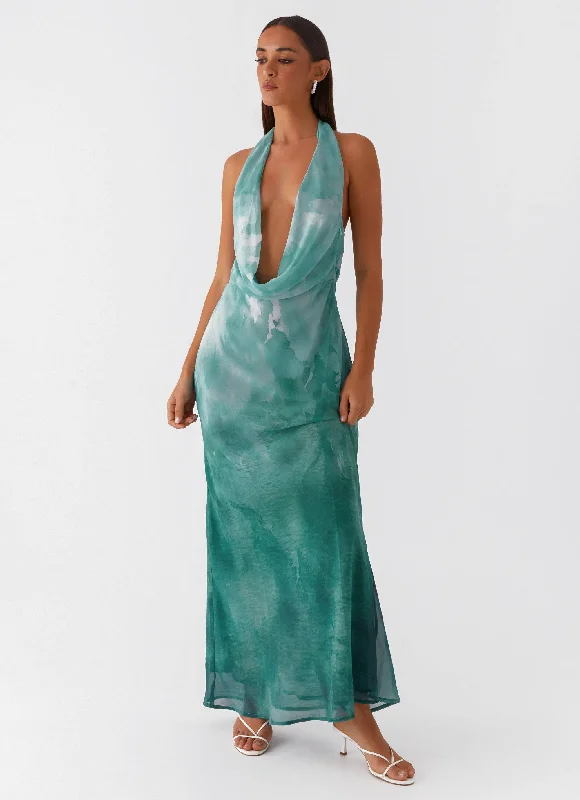 Nerissa Cowl Neck Maxi Dress - Green Tie Dye Casual Maxi Dress with Pockets