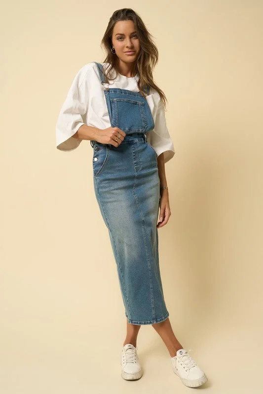 Denim Overalls Maxi Dress Fashionable High-Waist Maxi Dress