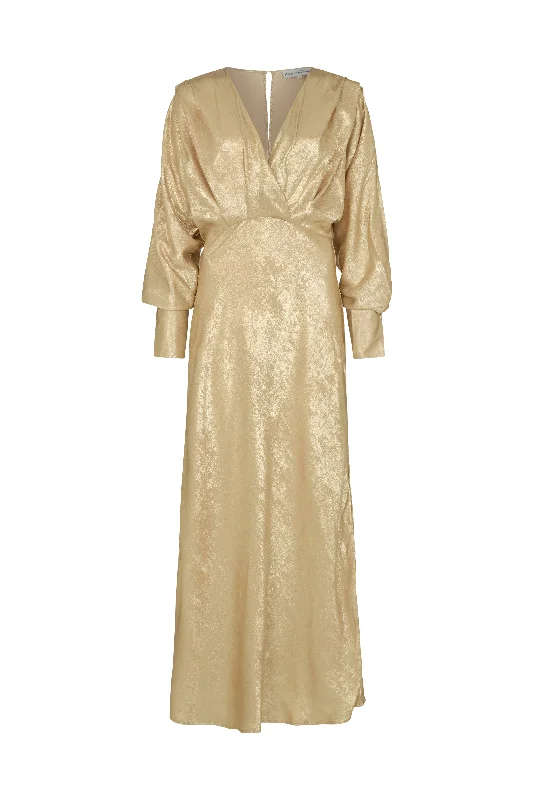 Paloma Metallic V-Neck Maxi Dress In Gold Cozy Ruffle Sleeve Maxi Dress