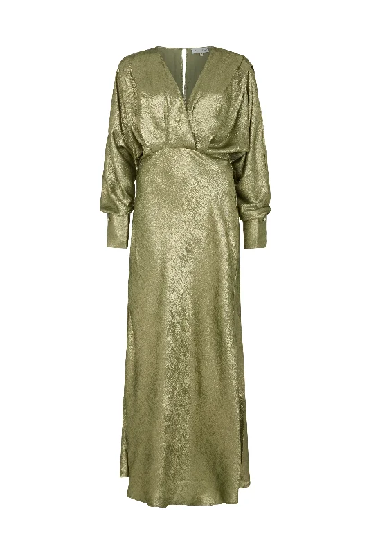 Paloma Metallic V-Neck Maxi Dress In Khaki Comfortable Maxi Dress with Slits