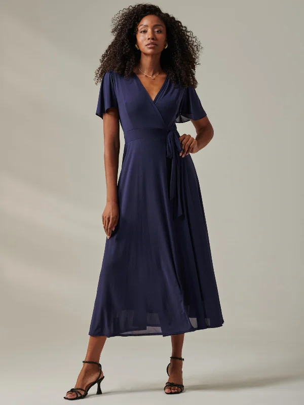 Plain Angel Sleeve Wrapped Maxi Dress, Navy Fashionable Chiffon Tiered Maxi Dress