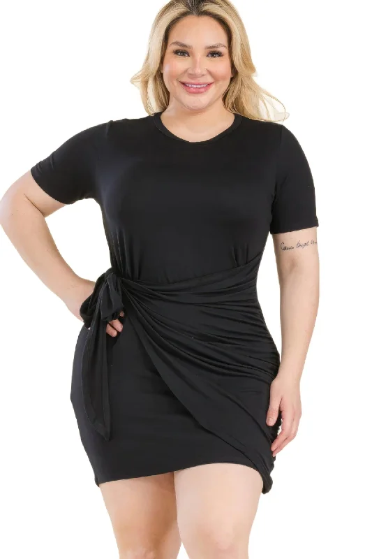 Plus Wrap Side Tie Mini Dress Comfortable Off-Shoulder Mini Dress