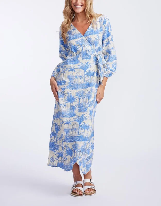 Porter Wrap Maxi Dress - Blue Palm Print Elegant Maxi Dress with Pockets