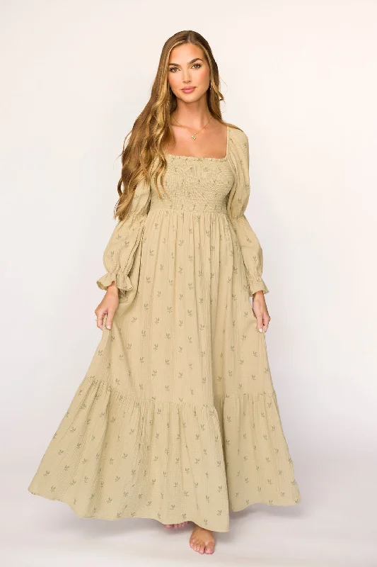 Emerson Gauze Maxi Dress in Thyme - Bump Friendly Stylish Empire Waist Maxi Dress