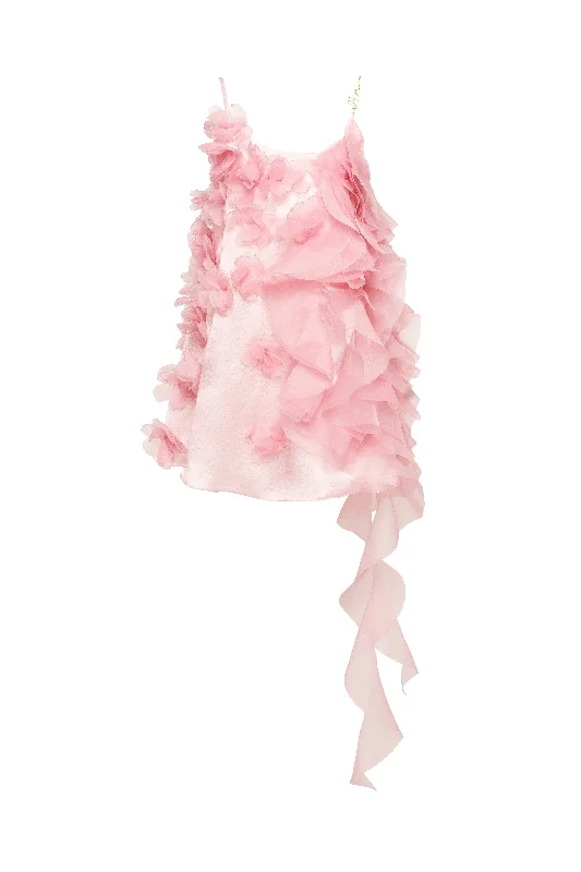 Romantic ruffled pink mini dress with rose appliques, Garden of Eden Cozy Cotton Mini Dress Romantic ruffled pink mini dress with rose appliques, Garden of Eden Cozy Cotton Mini Dress