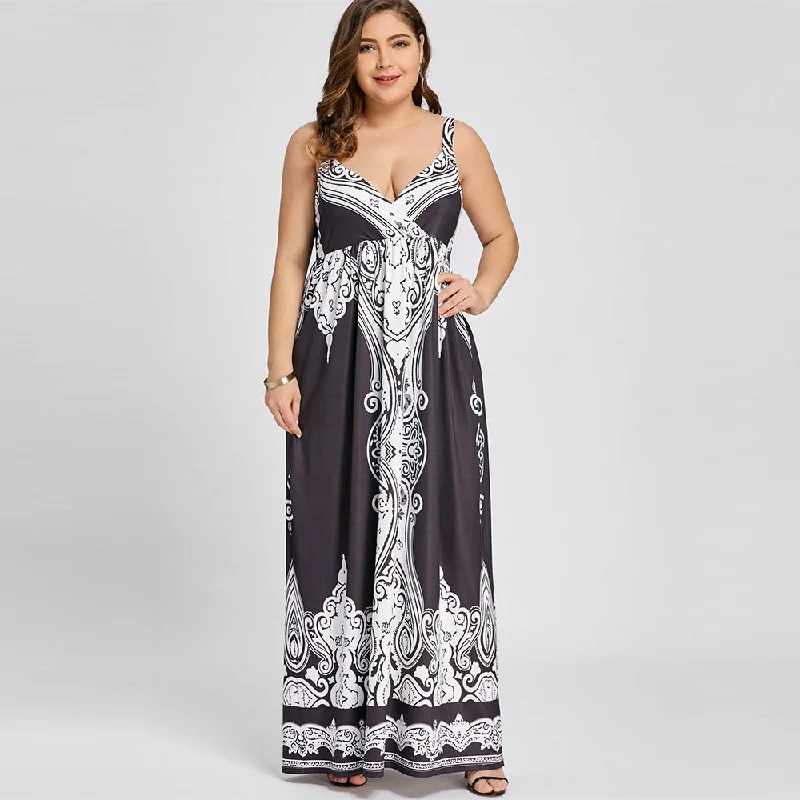 Plus Size Arab Print Sleeveless Maxi Dress V-Neck Empire Robe Long Vintage Spaghetti Strap Sexy Dress Summer Women 2019 Cozy Knit Maxi Dress