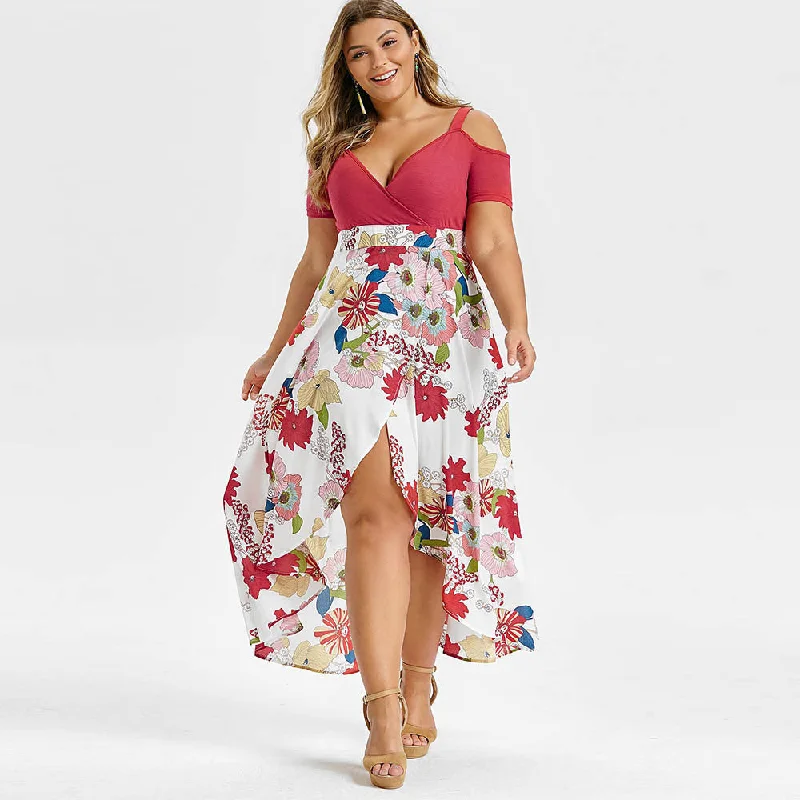 Plus Size Open Shoulder Floral Overlap Maxi Dress Asymmetrical Short Sleeves Cut Out High Waist V-Neck Bohemian Dress Trendy Fit-and-Flare Maxi Dress