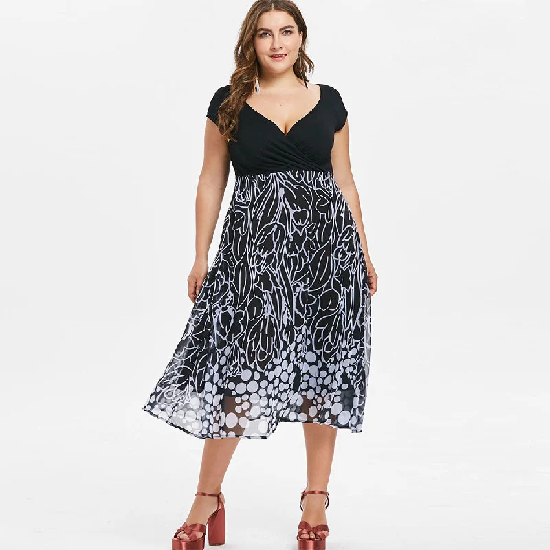 Plus Size Women Dress Plus Size A Line Printed Surplice Dress Summer vestidos Bodycon Casual V-Neck maxi dress 2019 Trendy Maxi Dress with Lace