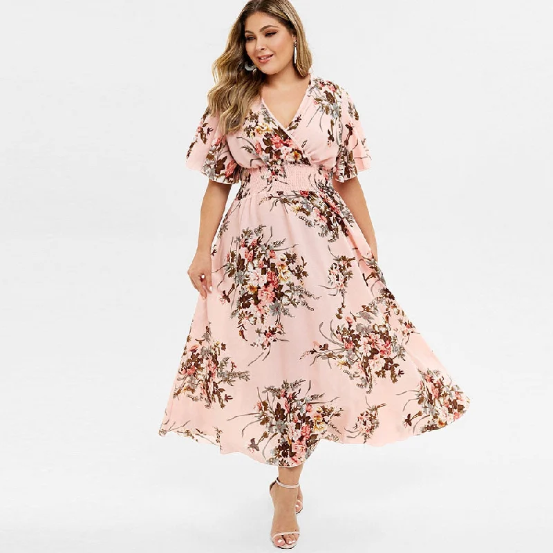 Plus Size Women Floral Print Bohemian Maxi Dress V-Neck Half Sleeves A-Line Dress High Wasit Bohemian Holiday Dress Trendy V-Neck Maxi Dress