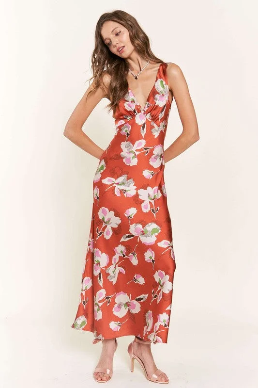 RUST SATIN FLORAL PRINT SLEEVELESS MAXI DRESS IBD8951 Trendy Fit-and-Flare Maxi Dress