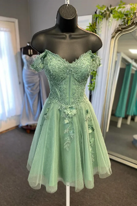Sage Green Off-the-Shoulder Beaded Appliques A-Line MIni Dress Stylish Sweetheart Neck Mini Dress Sage Green Off-the-Shoulder Beaded Appliques A-Line MIni Dress Stylish Sweetheart Neck Mini Dress
