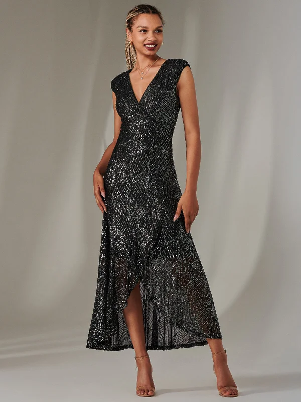 Sequin Ruffle Hem Maxi Dress, Black- Silver Comfortable Fit-and-Flare Maxi Dress