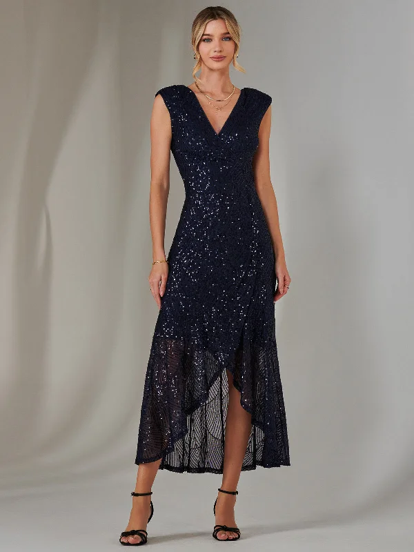 Sequin Ruffle Hem Maxi Dress, Navy Fashionable Maxi Dress with Fringe