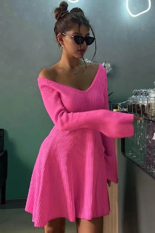 Sexy Deep V Neck Long Sleeve A Line Ribbed Knit Winter Party Mini Dress - Hot Pink Elegant Satin Mini Dress Sexy Deep V Neck Long Sleeve A Line Ribbed Knit Winter Party Mini Dress - Hot Pink Elegant Satin Mini Dress
