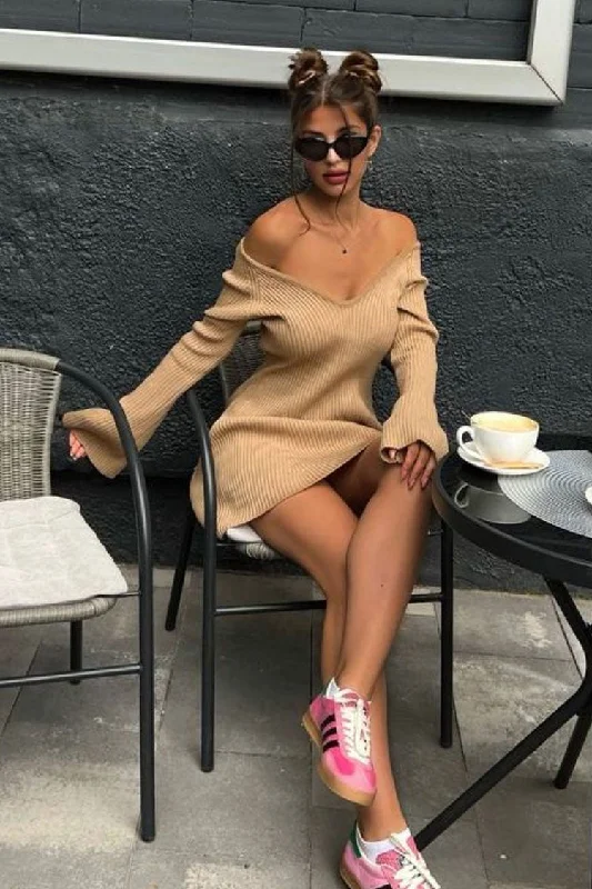 Sexy Deep V Neck Long Sleeve A Line Ribbed Knit Winter Party Mini Dress - Khaki Trendy Lace Mini Dress Sexy Deep V Neck Long Sleeve A Line Ribbed Knit Winter Party Mini Dress - Khaki Trendy Lace Mini Dress