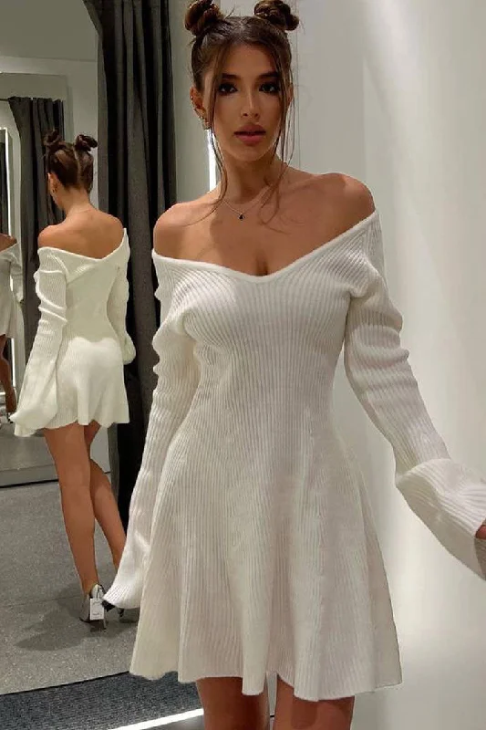 Sexy Deep V Neck Long Sleeve A Line Ribbed Knit Winter Party Mini Dress - White Chic Puff Sleeve Mini Dress Sexy Deep V Neck Long Sleeve A Line Ribbed Knit Winter Party Mini Dress - White Chic Puff Sleeve Mini Dress