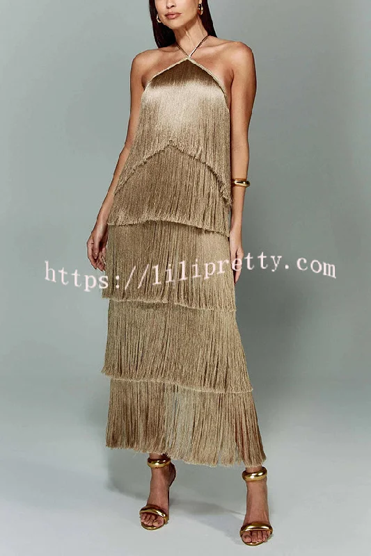 Sexy Halterneck Backless Elegant Fringe Maxi Dress Fashionable Maxi Dress with Fringe