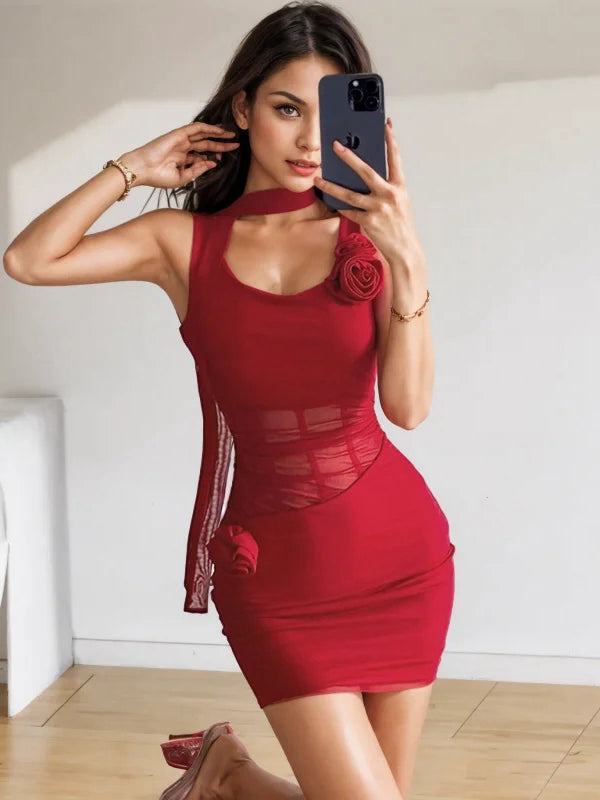 Sheer Waist Red Bodycon Mini Dress Fashionable Off-Shoulder Mini Dress