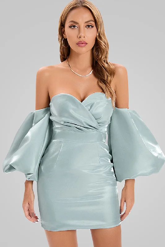 Silky Puff Sleeve Satin Off Shoulder Cocktail Mini Dress - Turquoise Chic Pleated Mini Dress Silky Puff Sleeve Satin Off Shoulder Cocktail Mini Dress - Turquoise Chic Pleated Mini Dress