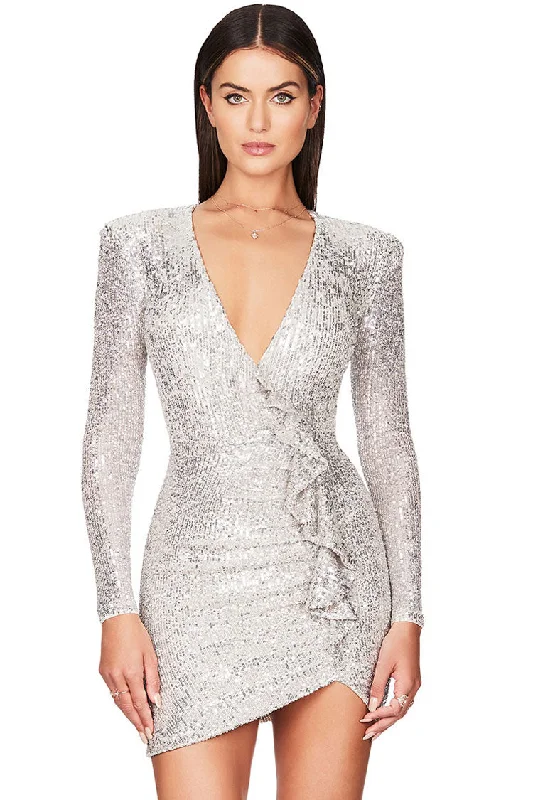 Sparkly Galaxy Long Sleeve Ruffle Deep V Sequin Mini Dress - Silver Chic Halter Mini Dress Sparkly Galaxy Long Sleeve Ruffle Deep V Sequin Mini Dress - Silver Chic Halter Mini Dress