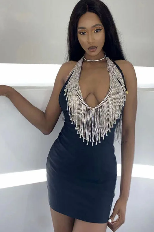Sparkly Rhinestone Fringe Deep V Neck Halter Bodycon Party Mini Dress - Black Modern Satin Mini Dress Sparkly Rhinestone Fringe Deep V Neck Halter Bodycon Party Mini Dress - Black Modern Satin Mini Dress