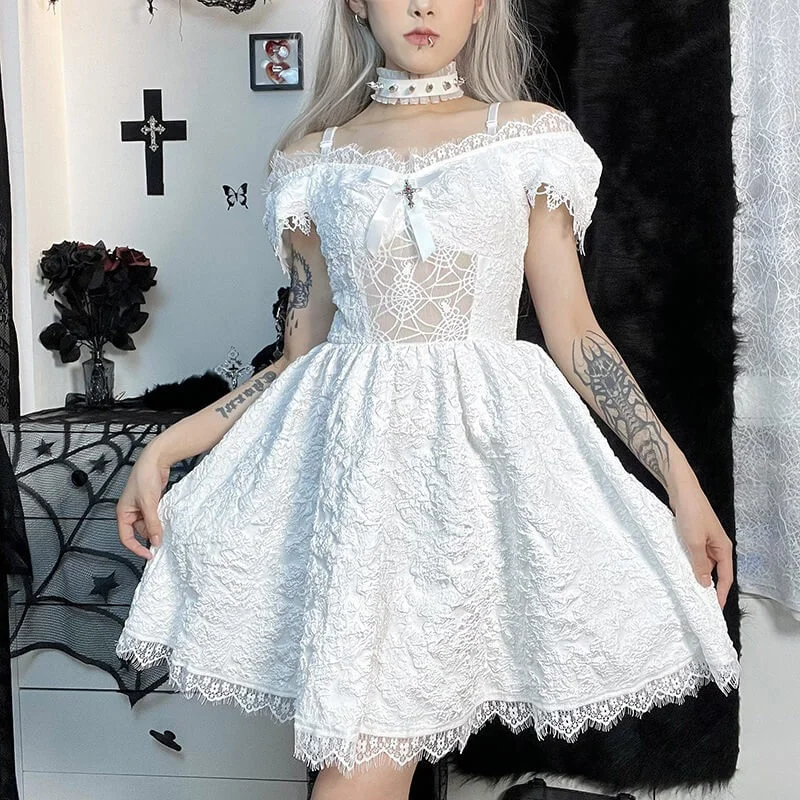 Spider Web Mesh Lolita Gothic Mini Dress Stylish Puff Sleeve Mini Dress