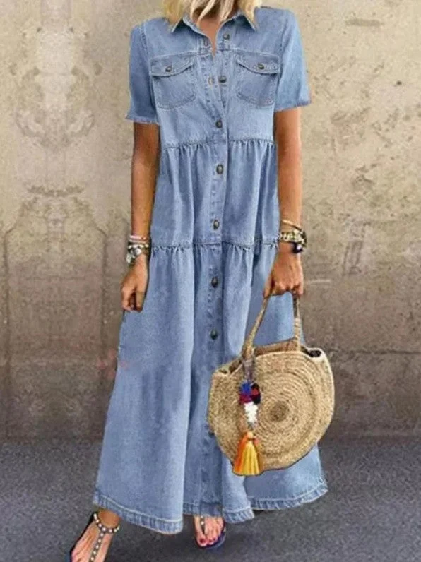 Timeless Trails Denim Shirt Maxi Dress Fashionable Halter Neck Maxi Dress