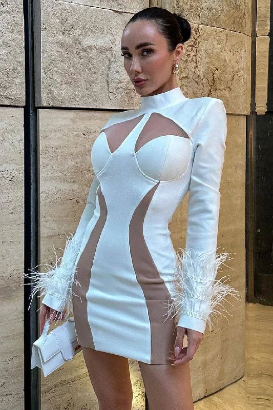 Unique High Neck Feather Trim Long Sleeve Contrast Bandage Mini Dress - White Trendy Lace Mini Dress Unique High Neck Feather Trim Long Sleeve Contrast Bandage Mini Dress - White Trendy Lace Mini Dress