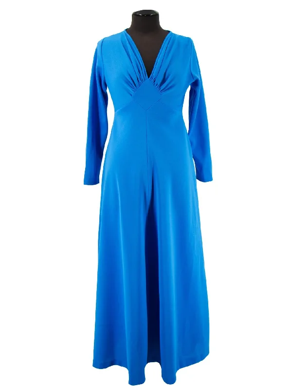 Vintage 1970s Cobalt Blue Diamond Ruched Maxi Dress Cozy Knitted Maxi Dress