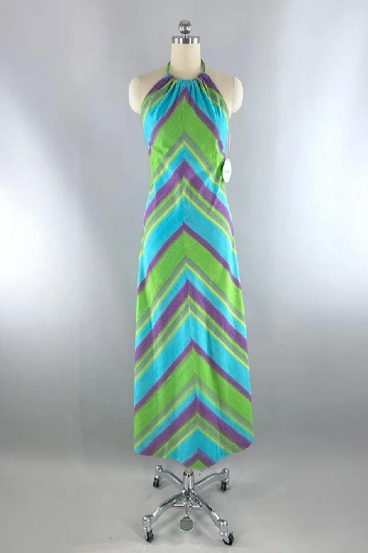 Vintage Chevron Stripes Halter Maxi Dress Stylish One-Shoulder Maxi Dress