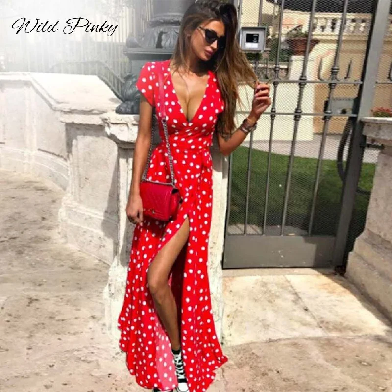 WildPinky Boho Polka Dot Long Dresses Women Split Short Sleeve Summer Casual Dress 2020 Streetwear Black Maxi Dress Vestidos Comfortable Cotton Maxi Dress