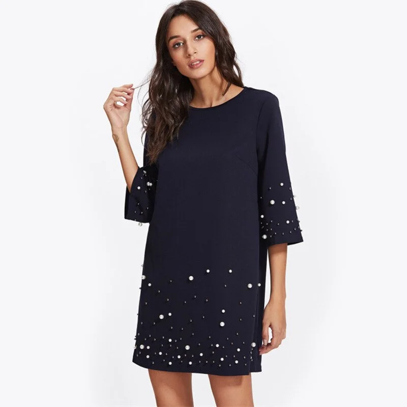 Women 3/4 Sleeve pearl embellished shift dress sukienka Plus size 2xl tunic Casual o-neck loose mini dress Summer frocks Elegant Sequin Mini Dress Women 3/4 Sleeve pearl embellished shift dress sukienka Plus size 2xl tunic Casual o-neck loose mini dress Summer frocks Elegant Sequin Mini Dress