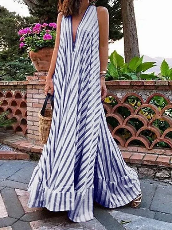 Women's Red Striped Pleated Big Swing V-Neck Bohemian Beach Maxi Dress Classic Solid Maxi Dress