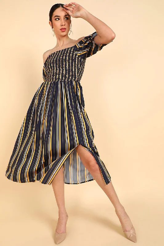 Navy Blue & Yellow Polyester Striped Printed Dress