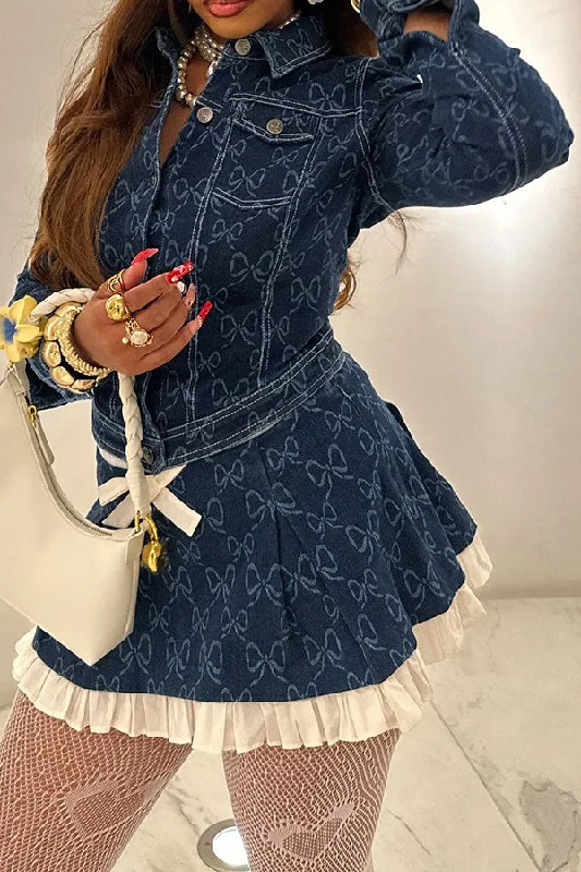 Bowknot Print Sweet Ruffles Patchwork Denim Dress Suit