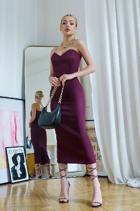 Bordeaux Satin Corseted Strapless Dress