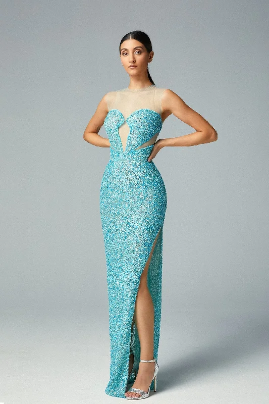 Cut out bodice side slit glitter dress