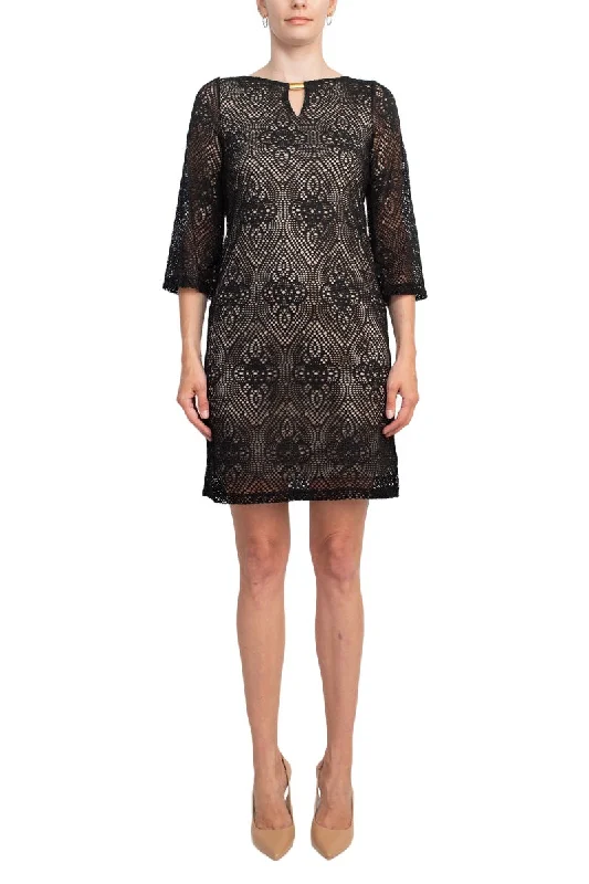 Emma & Michele Boat Neck Keyhole 3/4 Sleeve Illusion Lace Dress