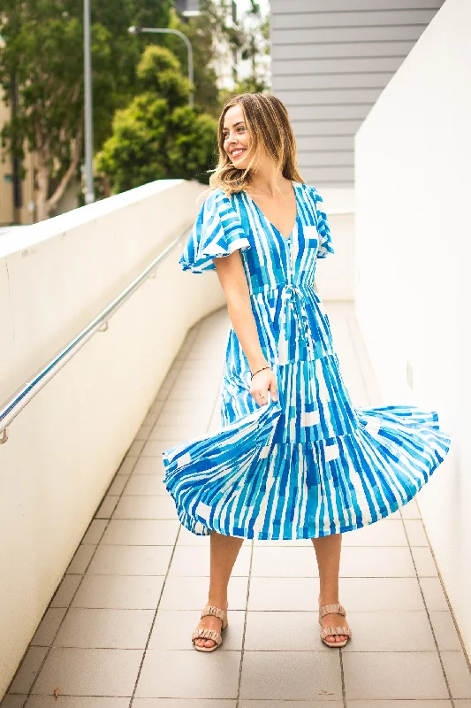 Fria Linear Selma Tier Dress Blute White Stripe 8