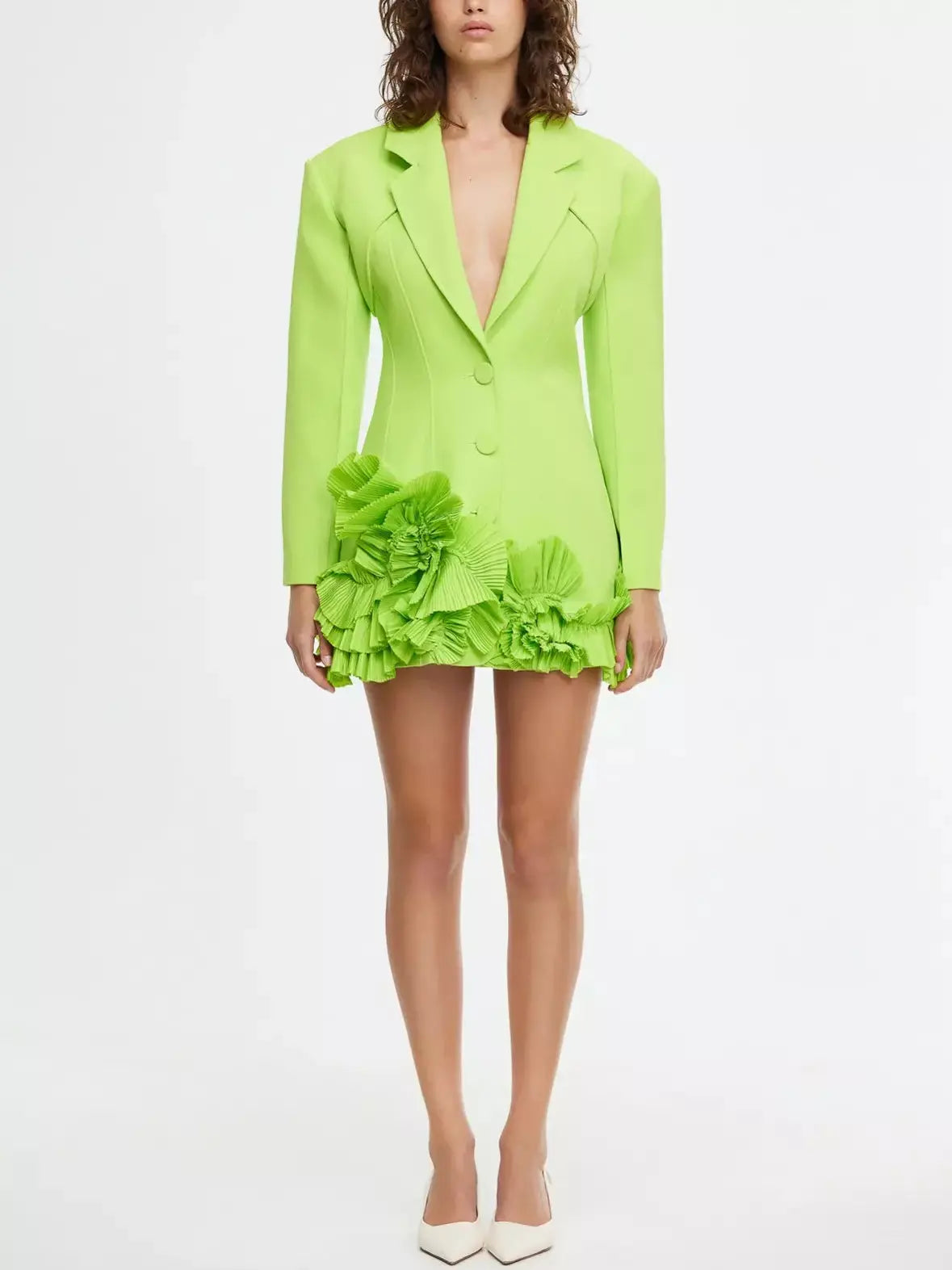Frill-Hem Blazer-Dress in Lime Green