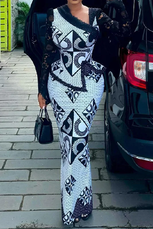 Graphic Print Lace Patchwork Chic Irregular Dress Suit
