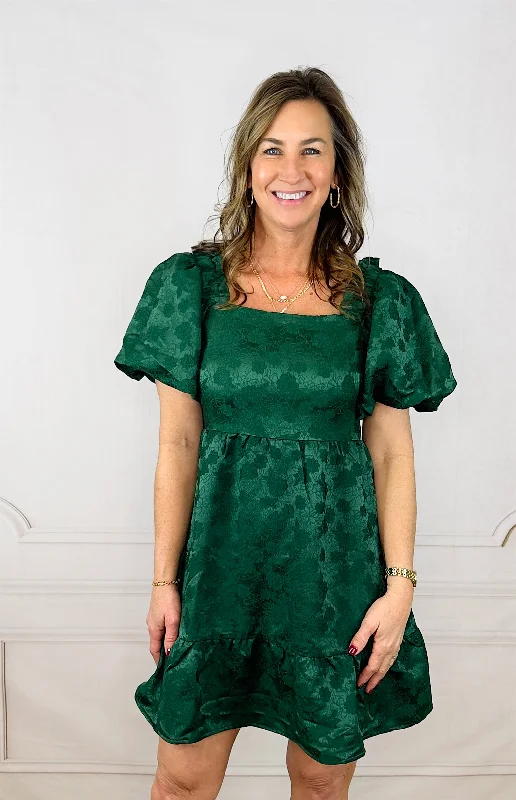 Holly Leaves Puff Sleeves Dress