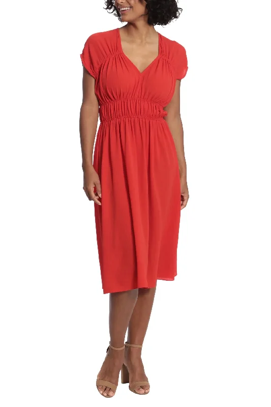 London Times V-Neck Cap Sleeve Ruched Bodice Solid Catalina Crepe Dress