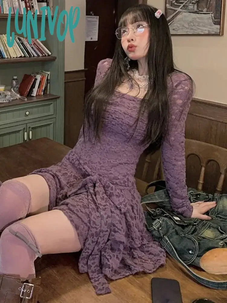 Lunivop Lace Basic Causal Women Dress Square Collar Slim Waist Tunic  All Match Dresses Y2k Aesthetic Sexy Fashion Elegant Vestidos