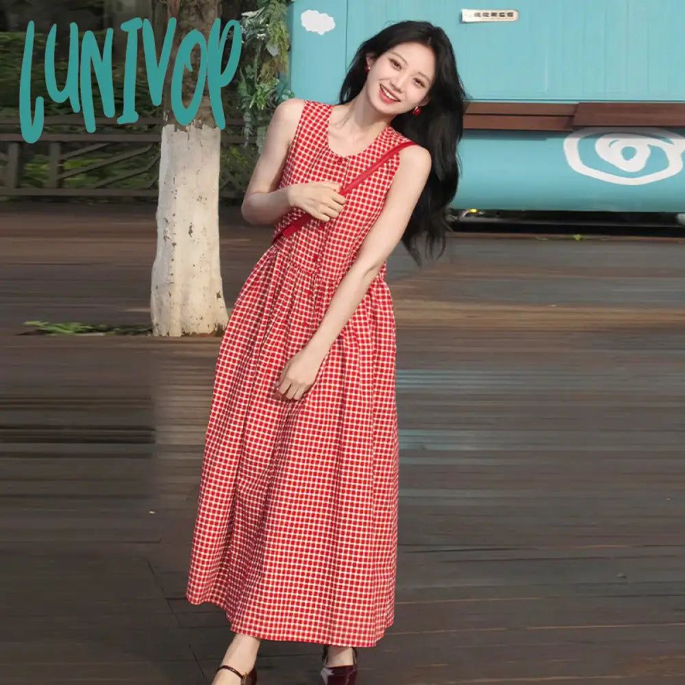 Lunivop outfit inspo Retro Red Plaid Vest Dress New Summer Sweet Seaside Holiday Dress for Women