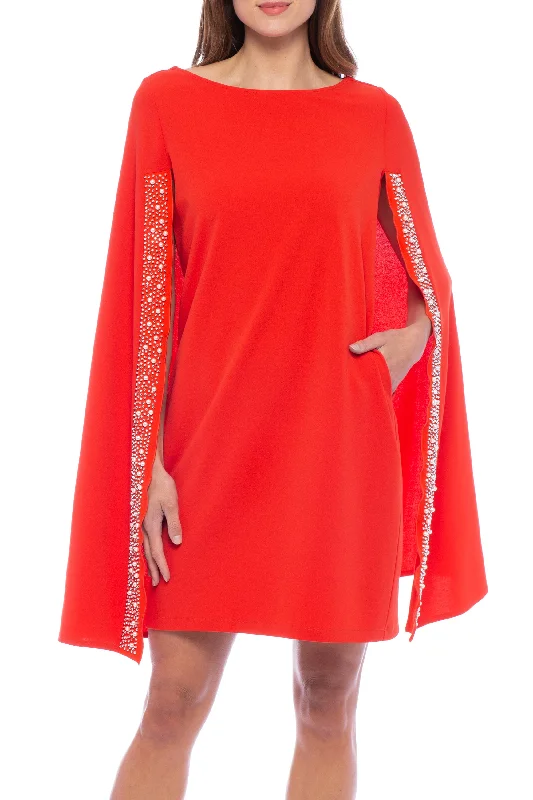 Marina Cape Back Round Neckline Crepe Stone Detail Dress